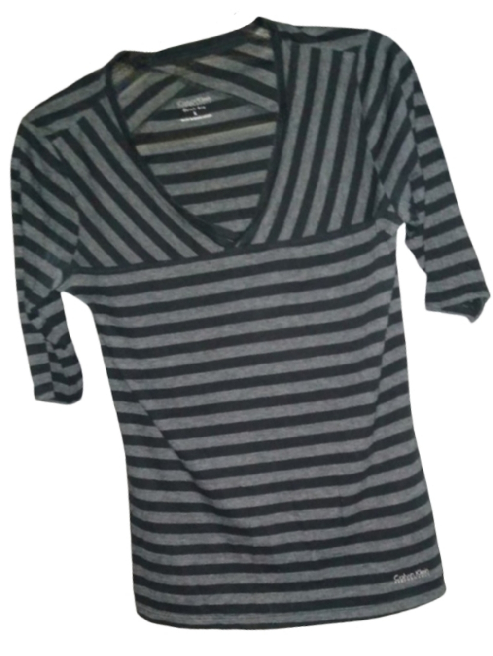 Calvin Klein Striped V Neck Tee Stripe Top Black Gray Grey Stripes Quick Dry L